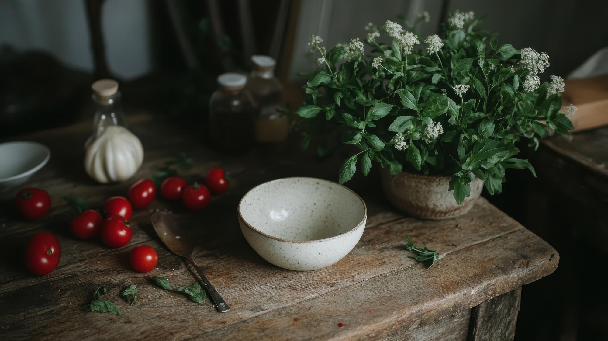 Kompozycja stołu z naturalnymi składnikami i naczyniami ceramicznymi