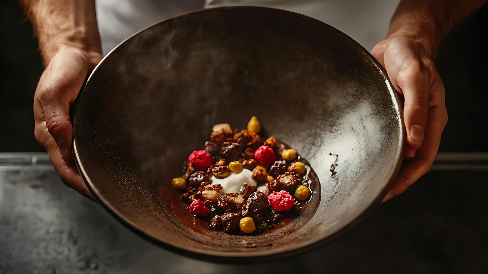 Szef kuchni przygotowujący kompozycję na drewnianym stole